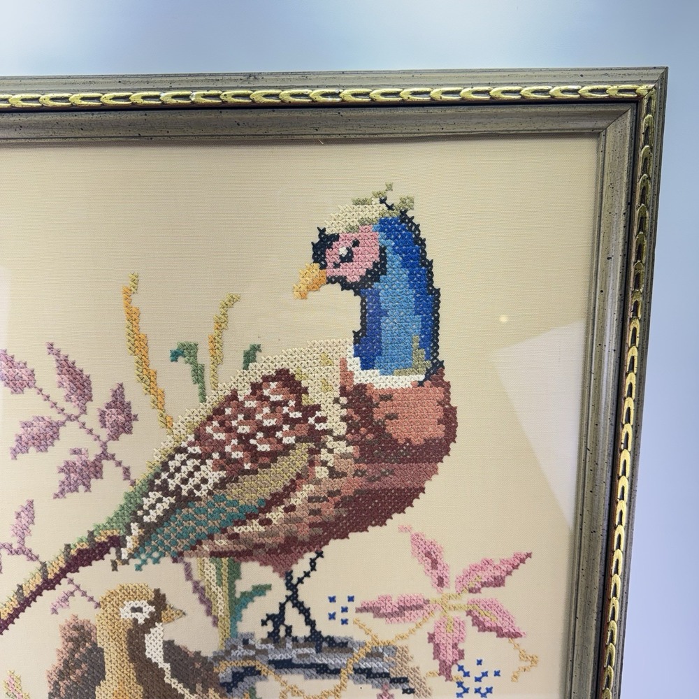 Vintage Framed Pheasant Cross Stitch Signed 1942 McCalls Pheasant Couple 24 x 20 - Picture 3 of 8